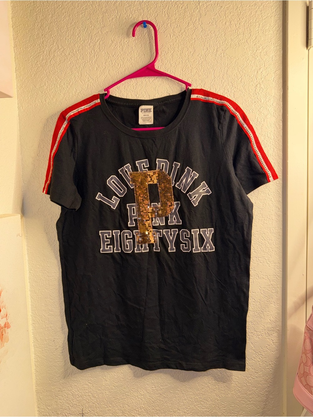 PINK Victoria's Secret Black Short Sleeve Tee with Gold Sequin P